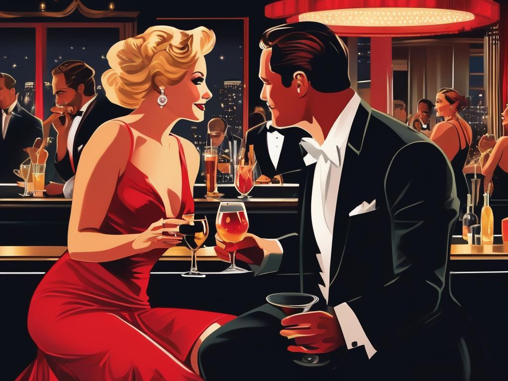 In a dimly lit, upscale club, a confident woman, dressed in a crimson dress, locks eyes with a striking stranger as her stag-husband observes their chemistry from the sidelines, sipping his drink with a smoldering smile, as a lively, sensual jazz number fills the air, setting the stage for an exhilarating and daring encounter of exploratory couple swapping.