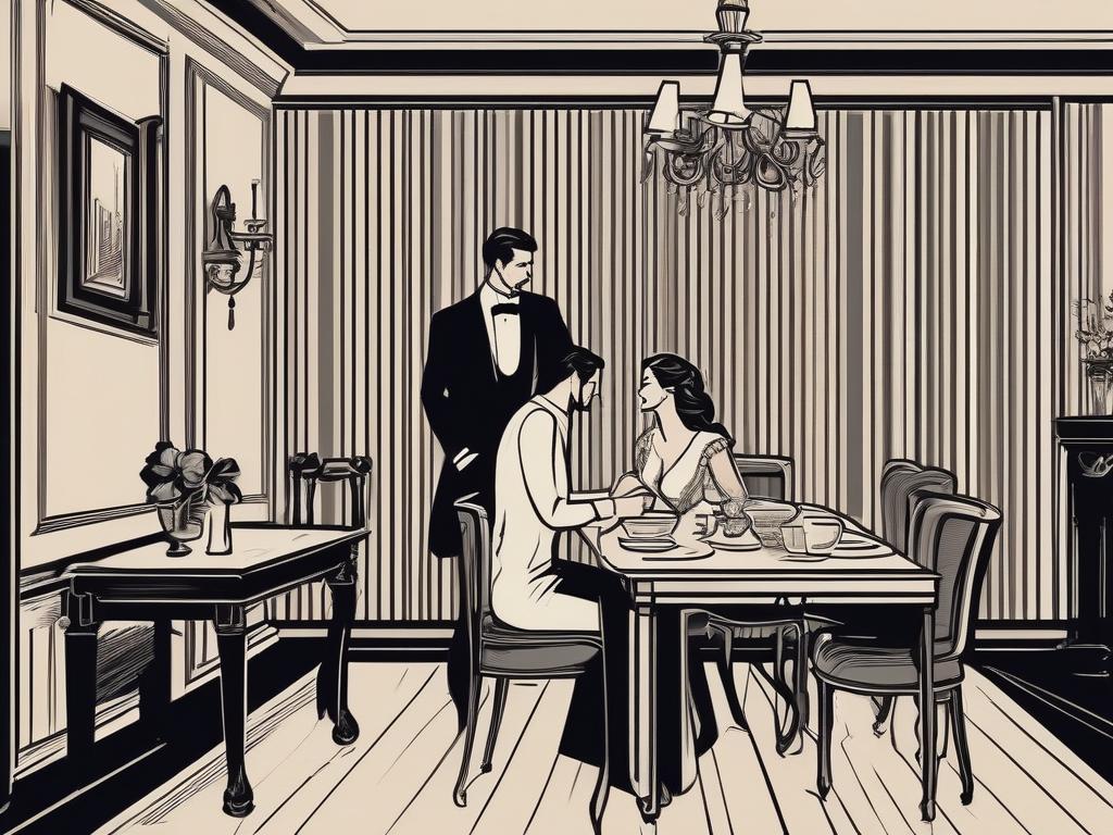 In a dimly lit dining room, a marriage unravels as a muscular, confident lover leads the wife upstairs for a seductive rendezvous, as the husband, bewildered yet enticed, watches their every move, a forbidden fantasy realized before his eyes, knowing he must embrace this new dynamic or risk losing everything.