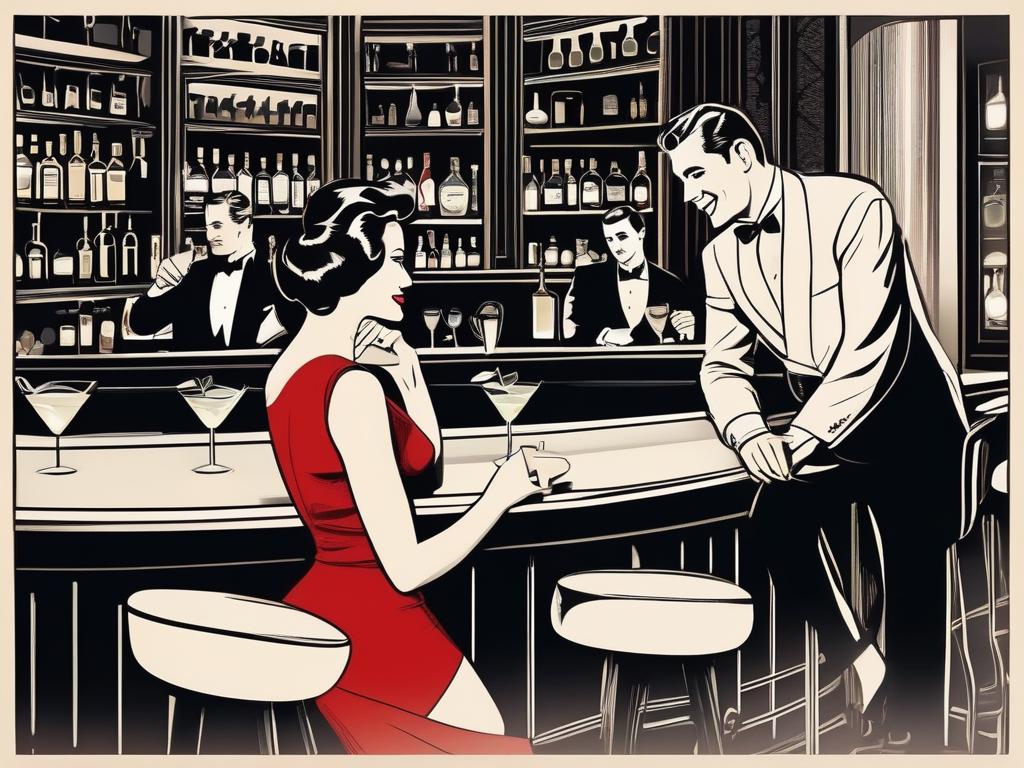 In the dimly lit corner of an upscale, members-only club, a confident woman in a red dress sits at the bar, casually sipping a martini as she engages in flirtatious banter with the man to her left, while her husband, a dominant figure in a tailored suit, observes from a distance, a satisfied smirk playing on his lips, as he revels in the fulfillment of their wife-sharing desires.