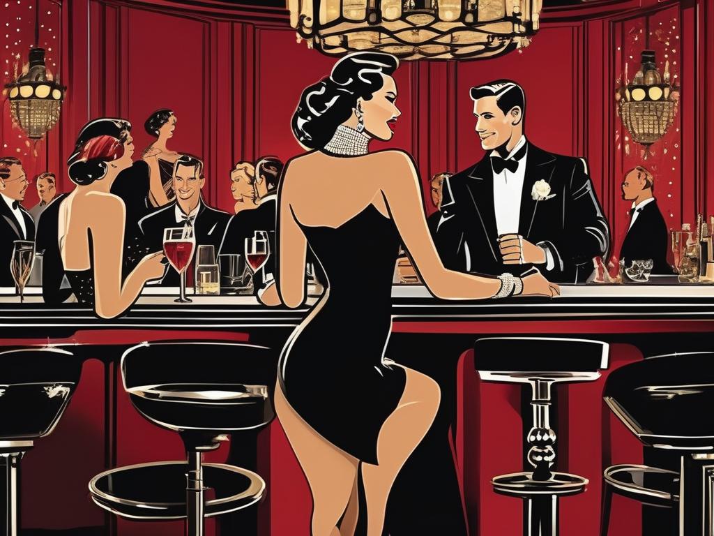 In a dimly lit, upscale Manhattan bar, a confident, red-lipped woman in a curve-hugging black dress, with her stag husband looking on from a plush leather booth, captivates the room as she flirtatiously engages with a circle of admiring, well-dressed men, a seductive smile playing on her lips and a diamond-studded collar gleaming at her throat, hinting at her role as a vixen hotwife embracing her liberated lifestyle.