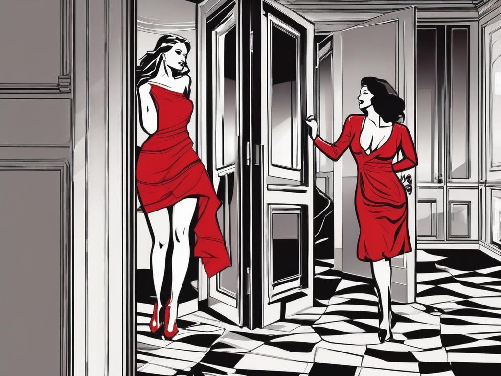 At an exclusive swinger's party, a hesitant James watches through a crack in the door as his wife Olivia, in a seductive red dress, is pushed to her limits by a mysterious stranger, her face flushed with excitement and newfound desire, as they explore forbidden boundaries in a dimly lit, luxurious room, the air heavy with anticipation, jealousy, and the allure of a marriage teetering on the edge of transformation.