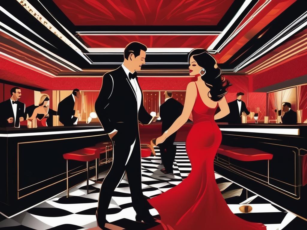 In a dimly lit, upscale dance club, a confident woman in a fiery red dress, with her husband looking on from a secluded VIP booth, surrenders to the rhythm of the music as she dances with an alluring stranger, embodying the unlocking of the husband's suppressed desires and his wife's newfound sensuality.
