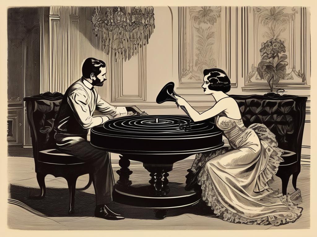 In a dimly lit, plush velvet-draped room, a confident woman, scantily clad in satin and lace, basks in the adoring gazes of her stag and a female admirer, engaged in a sensual, consensual dance that celebrates their shared intimacy, as a vintage gramophone fills the air with a sultry jazz melody.