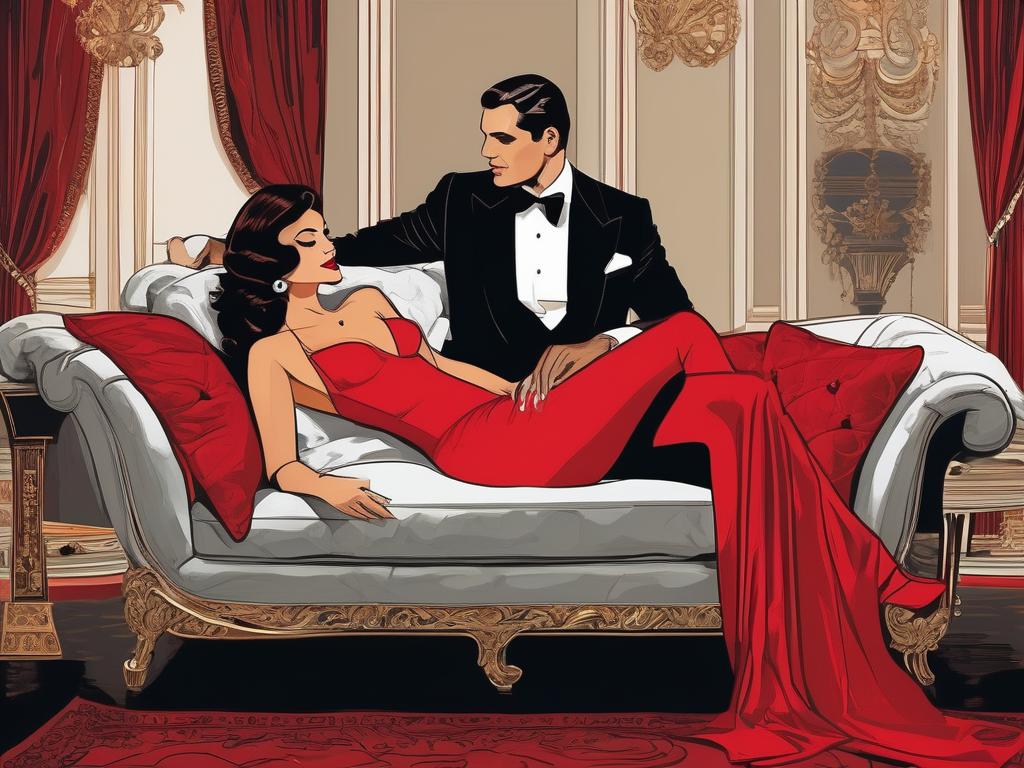 In a chic, dimly-lit penthouse adorned with plush velvet furnishings and sultry artwork, a confident woman in a seductive red dress lounges on an oversized chaise, her eyes locked with those of a dominant, tuxedo-clad man, as they both survey the room filled with elegantly dressed couples mingling and engaging in flirtatious, intimate encounters, the atmosphere thick with anticipation and the allure of the ultimate HotSwingers party.