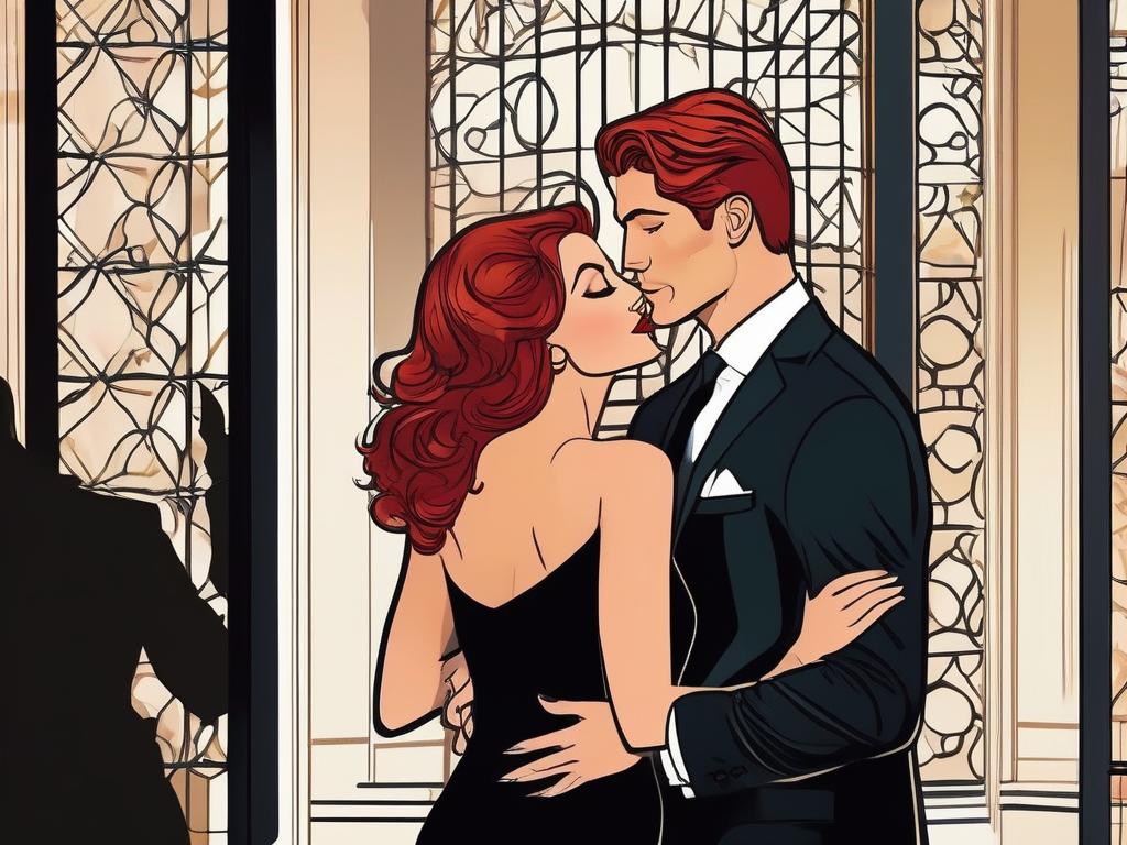 In a dimly lit corner of an exclusive party, stunning redhead Sophia, dressed in a form-fitting black dress, shares a passionate kiss with a mysterious, dark-haired stranger as her husband, Richard, a dashing figure in the shadows, watches with a mix of excitement, arousal, and approval, his heart racing as he revels in the forbidden allure of his wife's erotic exploration under his watchful gaze.