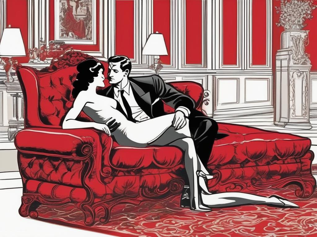 In the dimly lit, velvet-draped room, a confident woman in a red satin dress locks eyes with her husband, a tall, suited man who watches with a knowing smile as she begins to passionately kiss a bare-chested, muscular stranger, the air thick with anticipation and the scent of desire as the threesome arrangement unfolds.