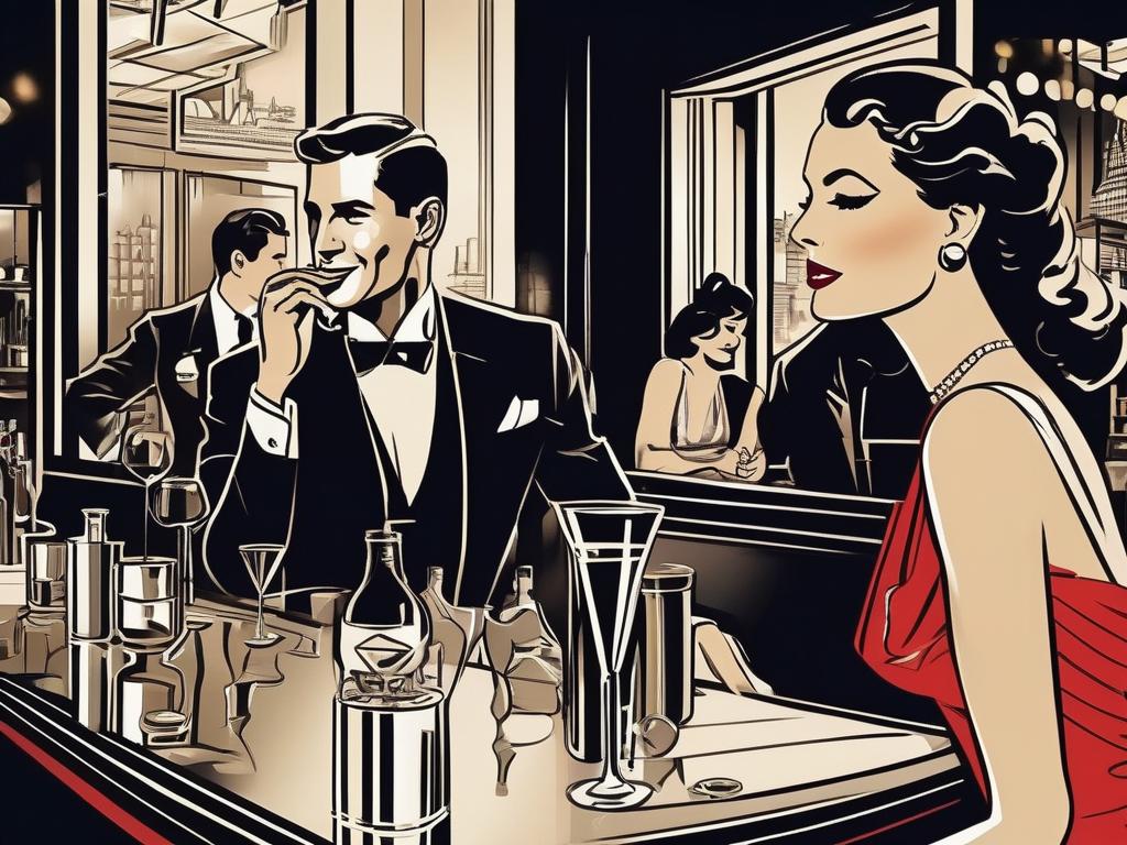 In a dimly lit, upscale Manhattan cocktail bar, a confident, well-dressed man observes his stunning wife from a distance, engaging in flirtatious banter with a group of stylish, charming men, as she playfully sips her martini, unaware of his intense gaze, the air thick with the intoxicating mix of desire, excitement, and transgression, embodying the forbidden allure of the voyeur wife.