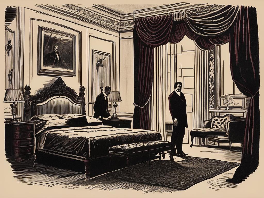 In a dimly lit room of the exclusive Velvet Rope club, Sarah, a once timid housewife, now confident and alluring, is led by the charismatic Jack to a four-poster bed, as her husband Mark, hidden in the shadows, watches with a mixture of jealousy and arousal, the maroon velvet rope subtly framing the forbidden scene, as the couple explores the dangers and thrills of the underground world of hotwifing.