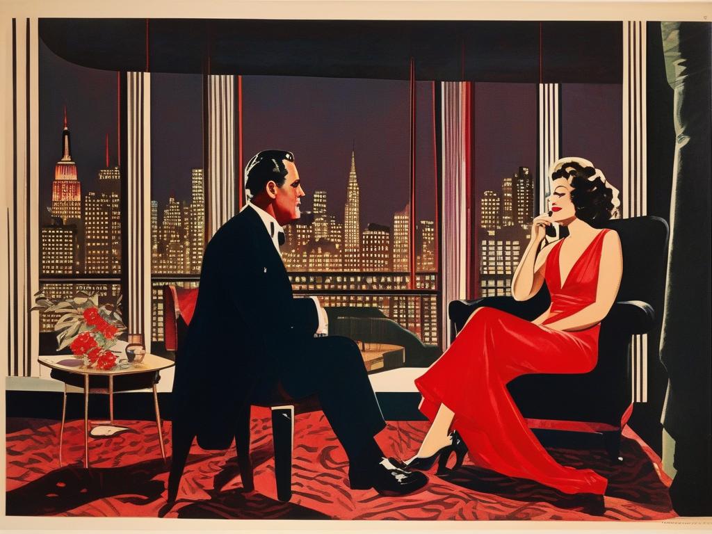 In a dimly lit, upscale Manhattan penthouse, a confident and assertive man, donning a tailored suit, watches intently from a plush armchair as his wife, dressed in a red silk negligee, engages in a passionate, forbidden dance with a masked stranger, her eyes closed in ecstasy, as a vintage jazz record plays softly in the background.