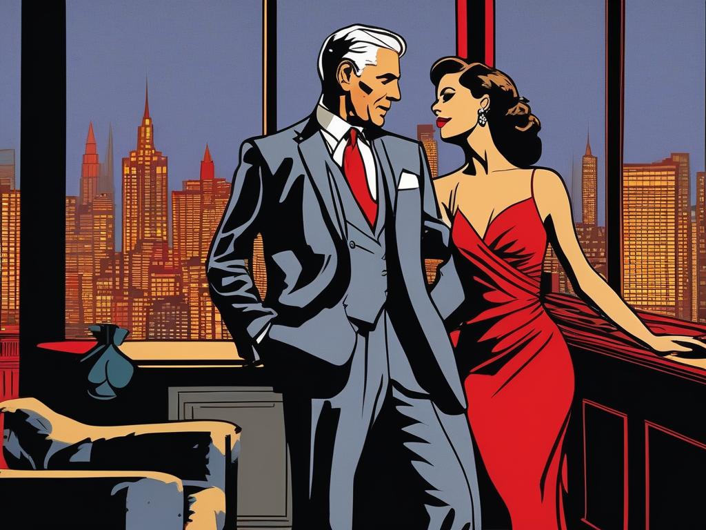 In a dimly lit, upscale Manhattan penthouse, a confident, gray-haired man in a tailored suit watches intently as his stunning wife, dressed in a slinky red dress, shares an intimate dance with a ruggedly handsome stranger, their bodies moving in sync to a sultry jazz number, as the man savors the thrilling dynamics of their unique stag-vixen-hotwife relationship.