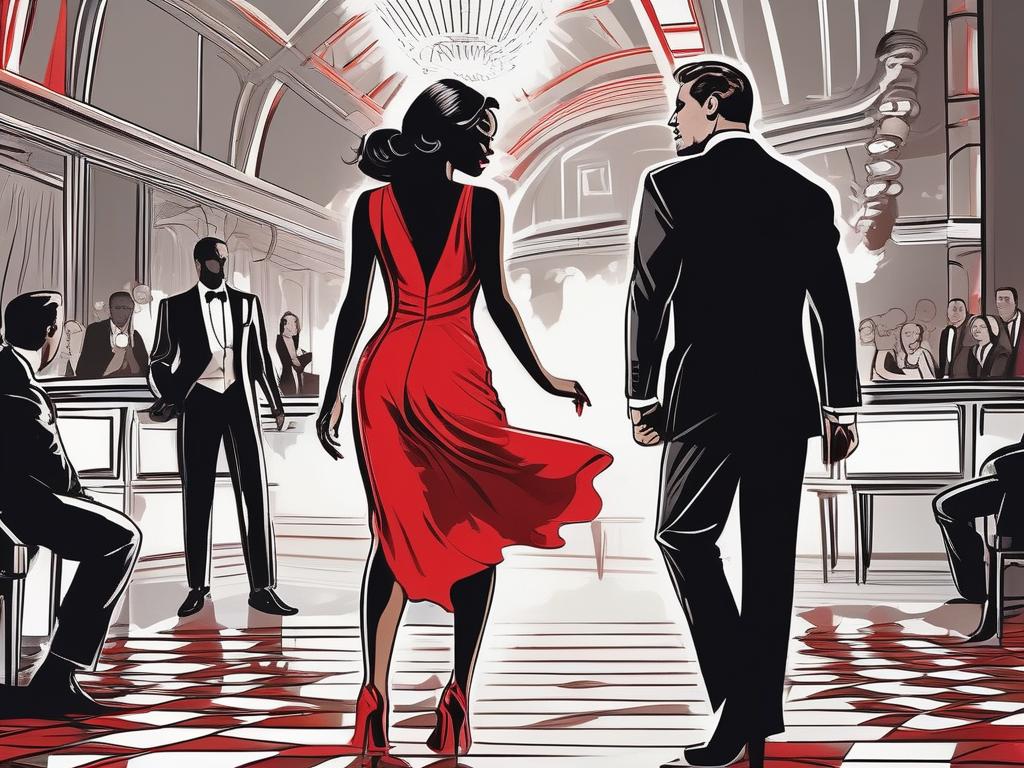 In a dimly lit, upscale nightclub, a woman, dressed in a seductive red dress, locks eyes with her bull husband, a powerful and dominant man in a tailored suit, as he watches with a mysterious smile, while she dances intimately with another man, unaware of her husband's discreet intentions to maintain his control and possessiveness through her secret escapades.