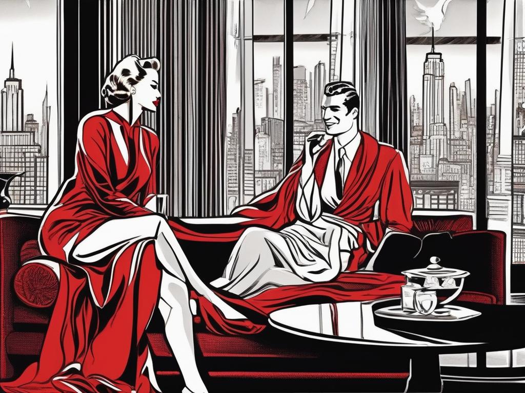 In a dimly lit, upscale Manhattan apartment, a woman, dressed in a red silk robe, her eyes heavy with desire, sits on a plush velvet couch, as her husband, a tall, dominant man with a knowing smile, watches from the shadows, a glass of whiskey in hand, while a masked couple, dressed in black leather, indulge in a sensual dance, slowly revealing their fetishes, in a seductive tableau of power, release, and unexpected desires.