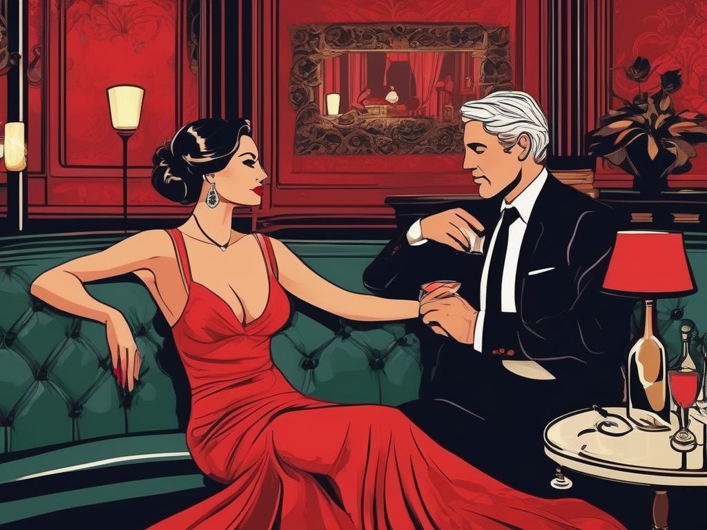 In a dimly lit, upscale lounge, a confident woman in a red dress, with her hand resting on the arm of a silver-haired stag, observes the room filled with couples engaging in discrete, passionate encounters, as she sips her martini, contemplating the exciting, unconventional world of swingers sites.