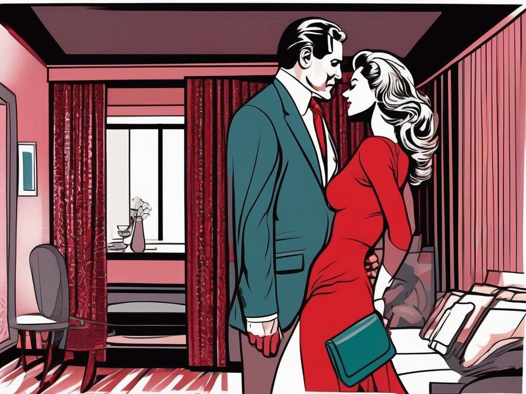 In a dimly lit, upscale Manhattan penthouse, a confident, middle-aged man watches intently from the shadows as his stunning, red-dressed wife, her eyes filled with excitement and desire, engages in a sensual dance with a young, muscular stranger, the tingling thrill of her illicit encounter palpable in the air.