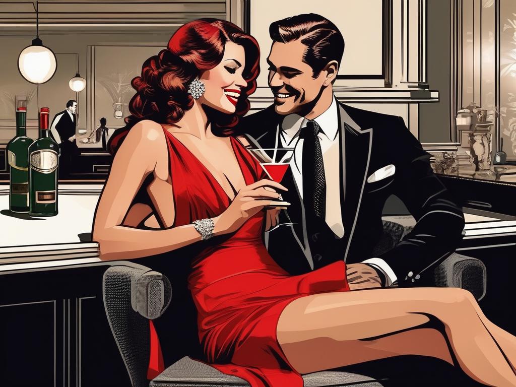 In a dimly lit, upscale lounge, a woman with a captivating smile and dressed in a bold red dress, sips a martini while stealing flirtatious glances with a confident, sophisticated man in the corner, who, with a mischievous grin, revels in the thrill of unveiling his wife's hidden desires, as they engage in a tantalizing dance of attraction with each other, while she remains unaware of his presence.
