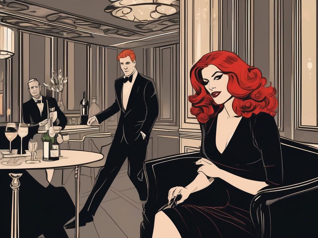 In a dimly lit, upscale lounge, a woman with fiery red hair and a curve-hugging black dress captivates the room as she slips into the persona of a sultry lounge singer, her eyes locked with those of her husband, a confident man in a tailored suit, who derives pleasure from watching her perform for an enthralled audience, as they dive into the thrilling world of her naughty role-play fantasies.