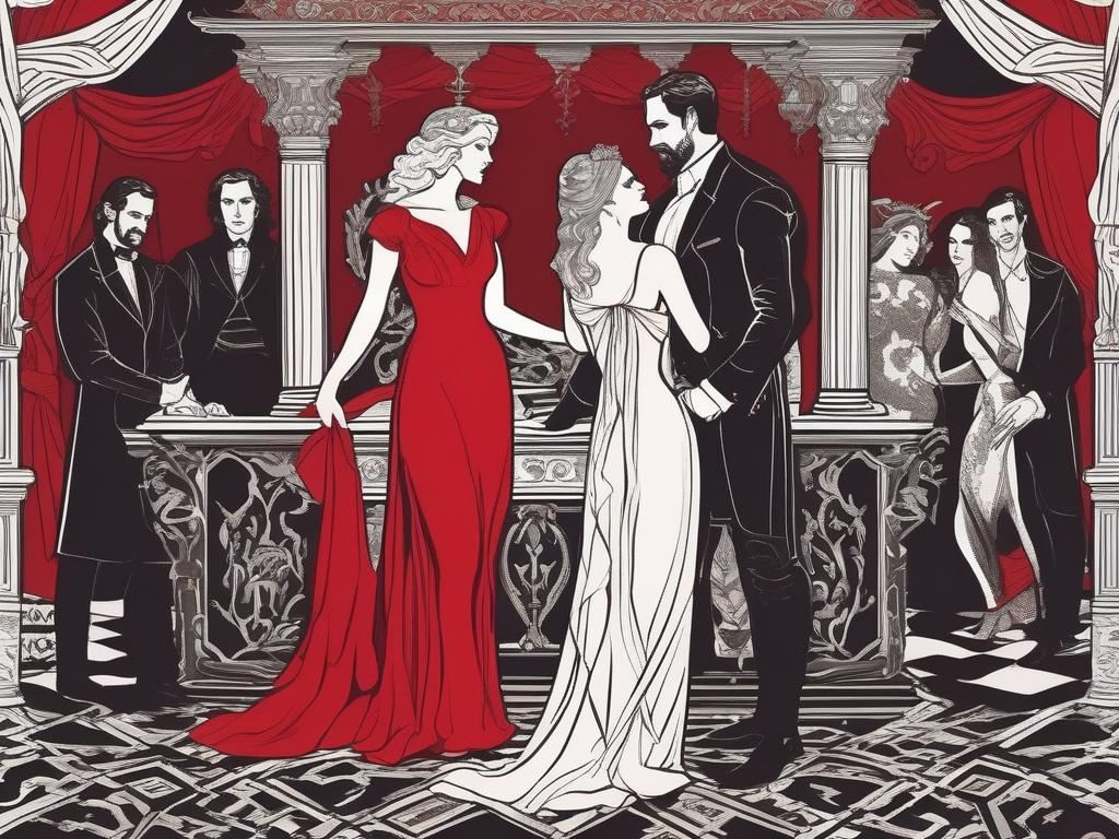 In the dimly-lit, opulent chamber of the Order of the Serpent, Rebecca, a bewitching woman in a form-fitting red dress, stands between her powerful, dominant lover, Alex, and a handsome, enigmatic stranger, her eyes reflecting a mix of arousal, fear, and anticipation as she prepares to indulge in a clandestine, illicit rendezvous, while Alex watches, savoring the thrilling, dangerous dance of seduction and desire she's about to engage in, as part of the twisted games of this secret society