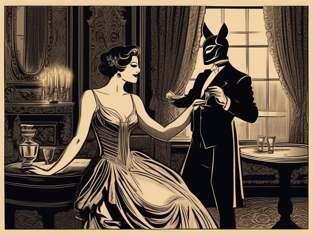 In a dimly lit, velvet-draped room, a confident woman, her eyes heavy with desire, indulges in a sensual dance with a masked stranger, as her stag watches passionately from the shadows, a glass of vintage whiskey in hand, the flickering candlelight casting an alluring glow on their intimate scene.