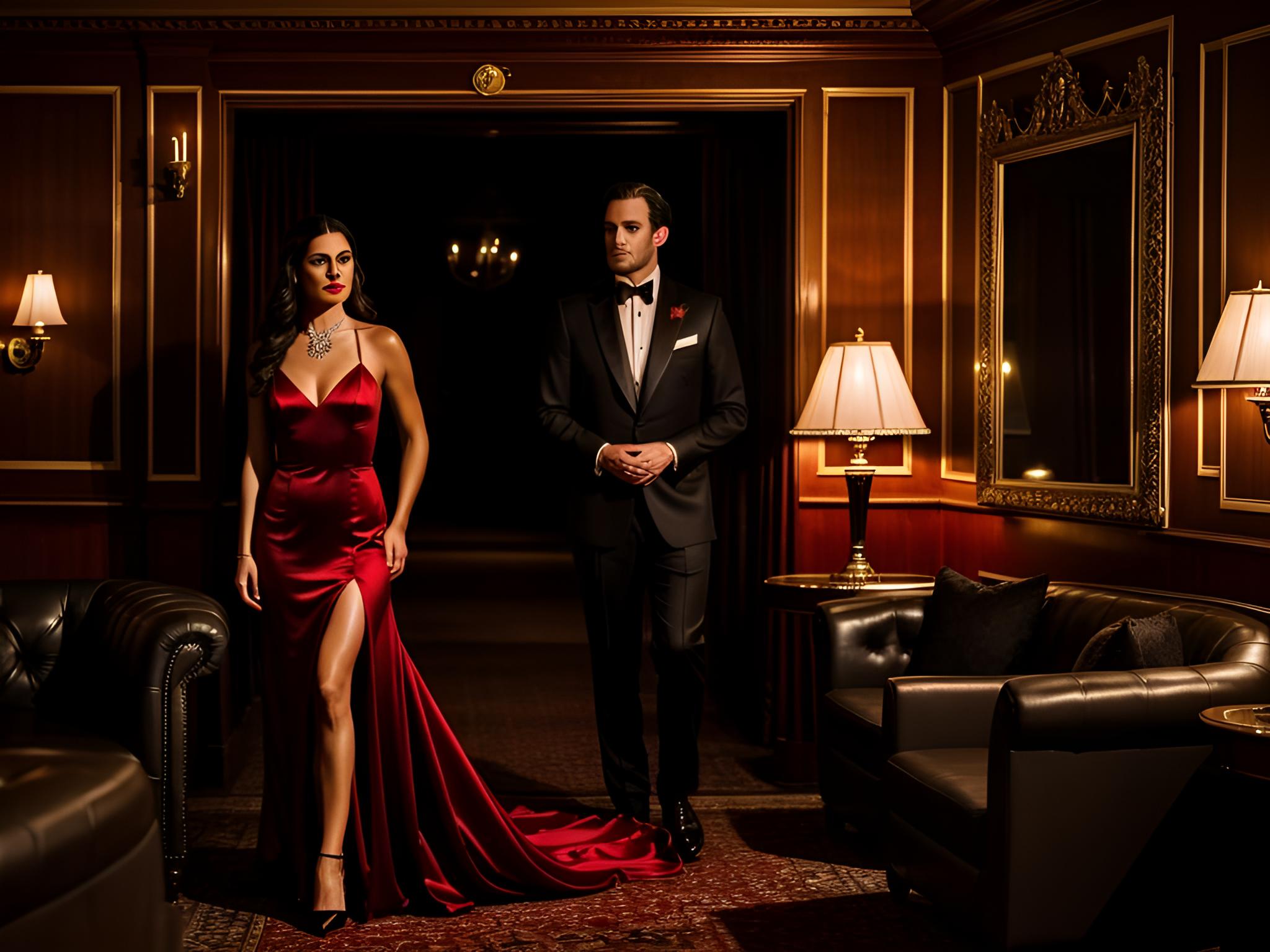 In the dimly lit, opulent lounge of the secret club hidden within the luxurious swingers cruise, a confident woman in a red satin gown, adorned with a diamond choker, locks eyes with a mysterious, cloaked figure in the corner, as her partner, the stag, watches intently, the anticipation and tension palpable, as the couple contemplates the figure's offer to indulge in a world of dark, twisted pleasure, which could either destroy or enhance their relationship.
