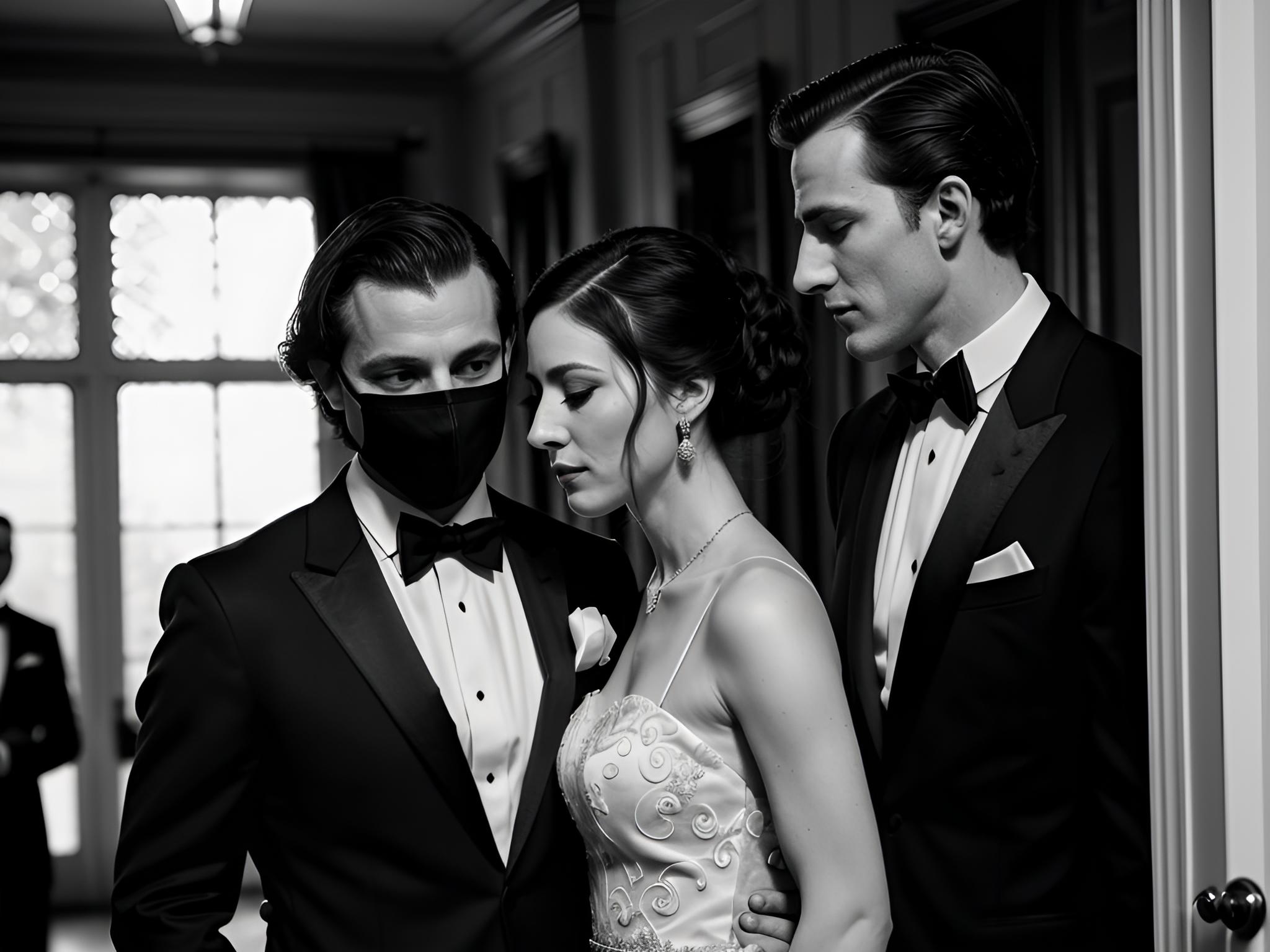 In the dimly lit corner of a grand estate's masquerade ball, a woman in an elegant gown and intricate mask locks eyes with her partner, a man in a tuxedo, as they join a passionate embrace with another masked couple, their anonymous desires driving their hedonistic indulgence in a thrilling dance of bodies, unaware of the sobering reality that awaits them when the masks come off and they must face the consequences of their darkest fantasies.