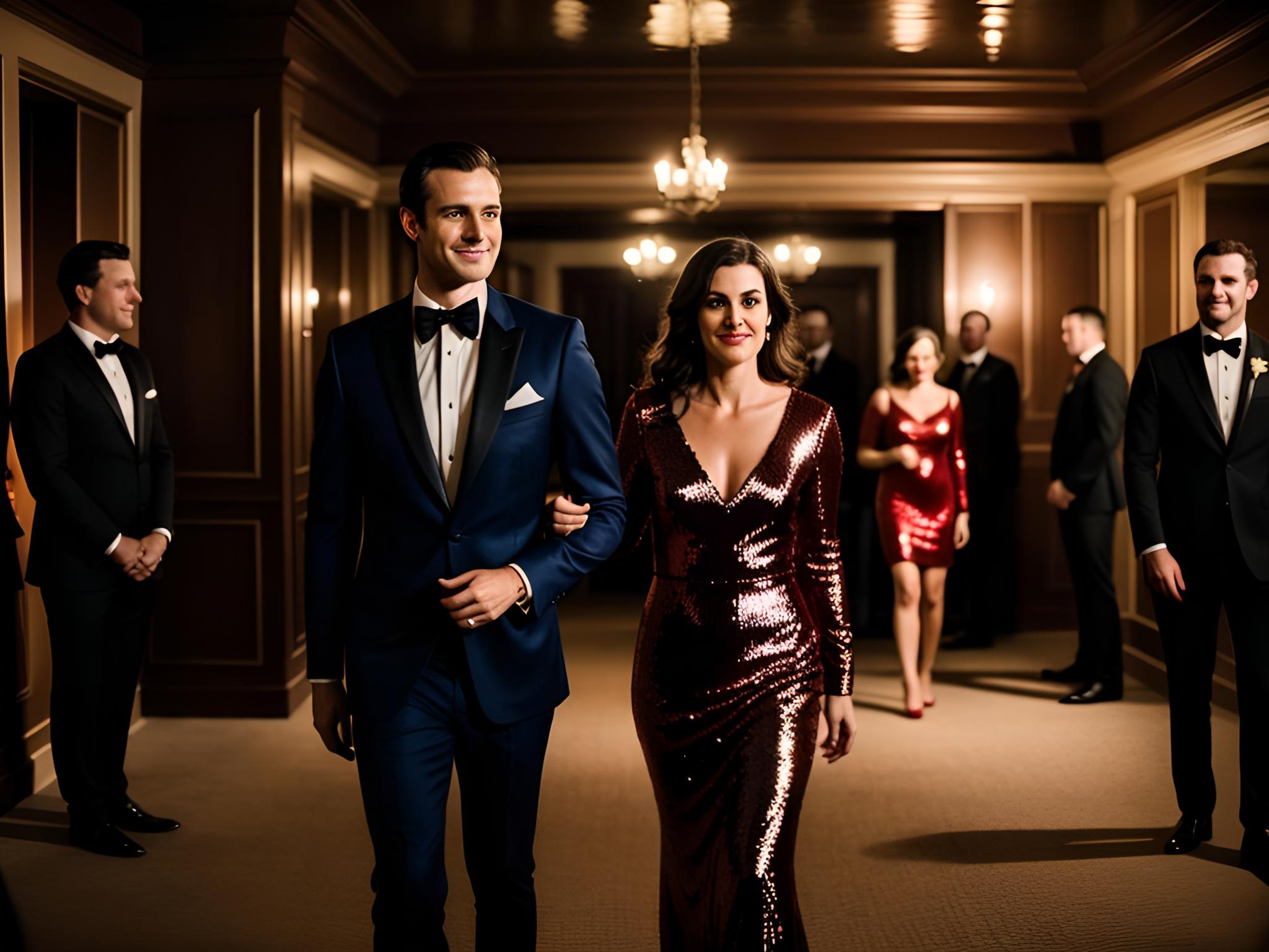 In a dimly lit, upscale club, a woman, dressed in a red sequin dress, her eyes filled with a mix of excitement and apprehension, stands in the center of the room, surrounded by swaying bodies, as her husband, a confident man in a tailored suit, watches with a smug smile from the shadows, as they both navigate the uncharted waters of non-monogamy and the swirling emotions that come with it.