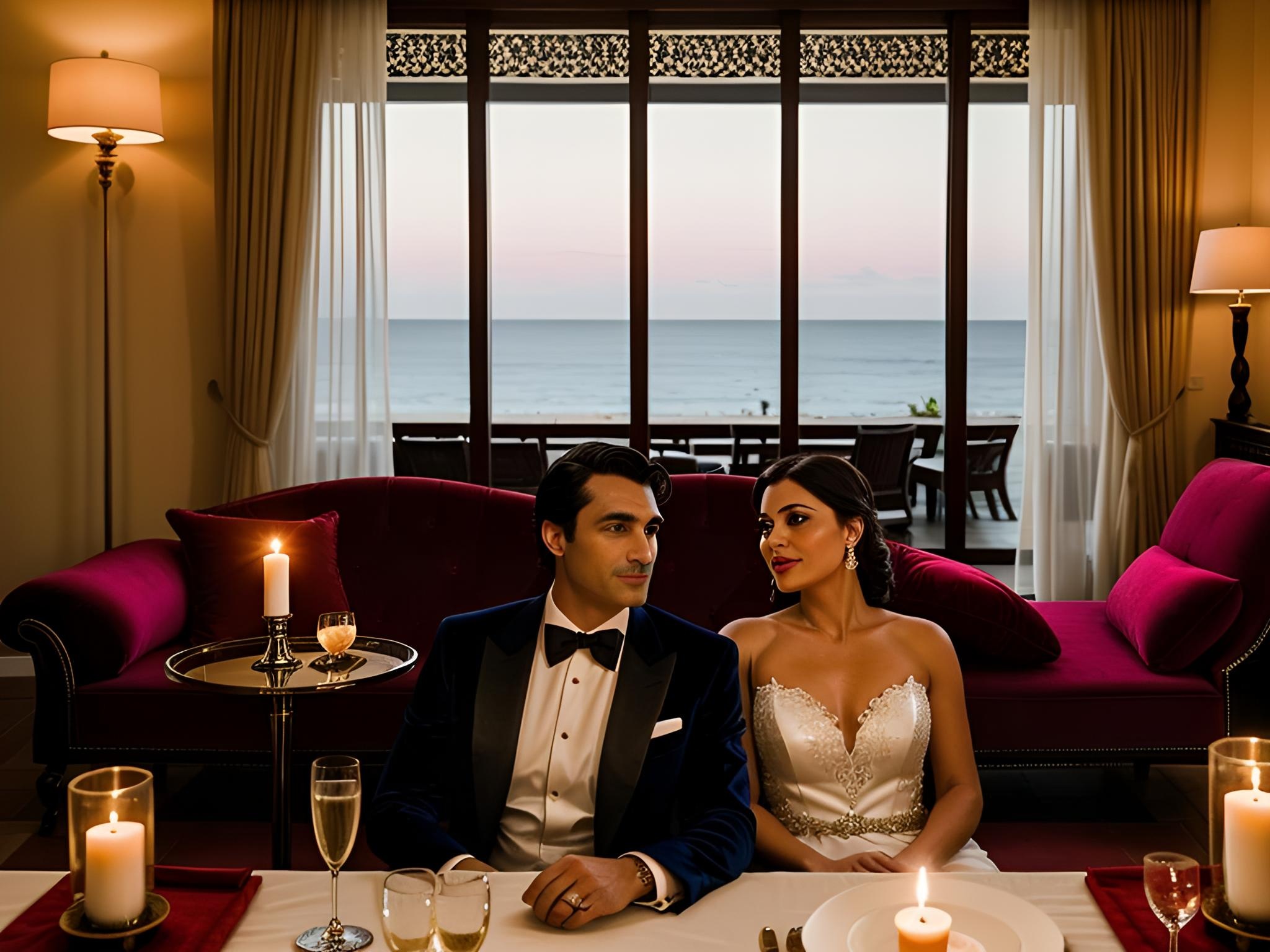 In a luxurious, dimly-lit tropical resort room, a confident woman in a red evening gown lounges on a plush velvet chaise, surrounded by floor-to-ceiling windows revealing a moonlit ocean, as her stag partner, a suave man in a black tuxedo, watches intently from the shadows, his eyes sparkling with excitement and desire, as she playfully flirts with a charming couple, dressed in white, at a candlelit, champagne-filled table nearby, capturing the essence of a thrilling, sensual swinger vacation.