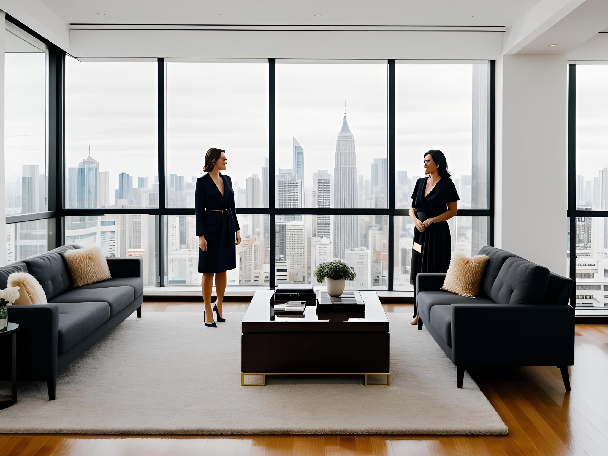 In a chic, modern penthouse adorned with abstract art, a confident woman, her husband by her side, surveys a gathering of successful, likeminded couples, the air thick with the palpable energy of mutual respect and consent, as she prepares to explore her newfound sexual empowerment within the thriving, inclusive hotwife community.