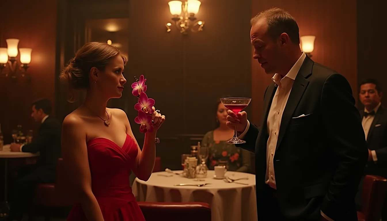 In a dimly lit, upscale lounge, a confident woman in a red dress, adorned with a single orchid, entices a circle of admirers, as her doting, cufflinked husband looks on, sipping his drink, basking in their shared secret - a celebration of non-monogamy, desire, and their fierce love that defies societal norms.